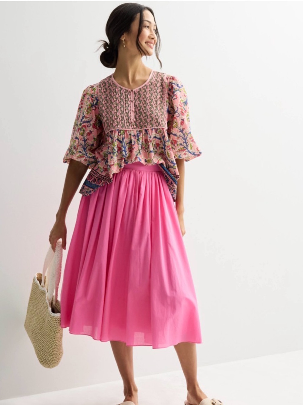 Floral Pintuck Peasant Blouse in Pink and Sage - Picture 5 of 5